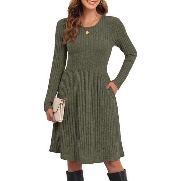 Dresses & Skirts - Women's Knit Sweater Dress Long Sleeve Loose Casual A-line with Pockets